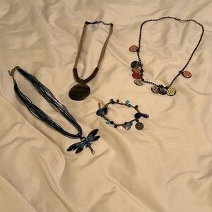 Collection of 3 vintage necklace and charm bracelet blue brown butterfly beaded